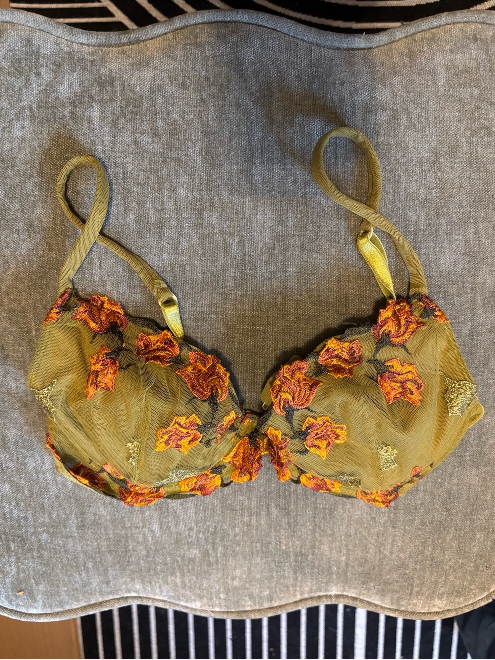 Olive Green Italian Floral Embroidered Fairycore Underwire Bra in 36C/D